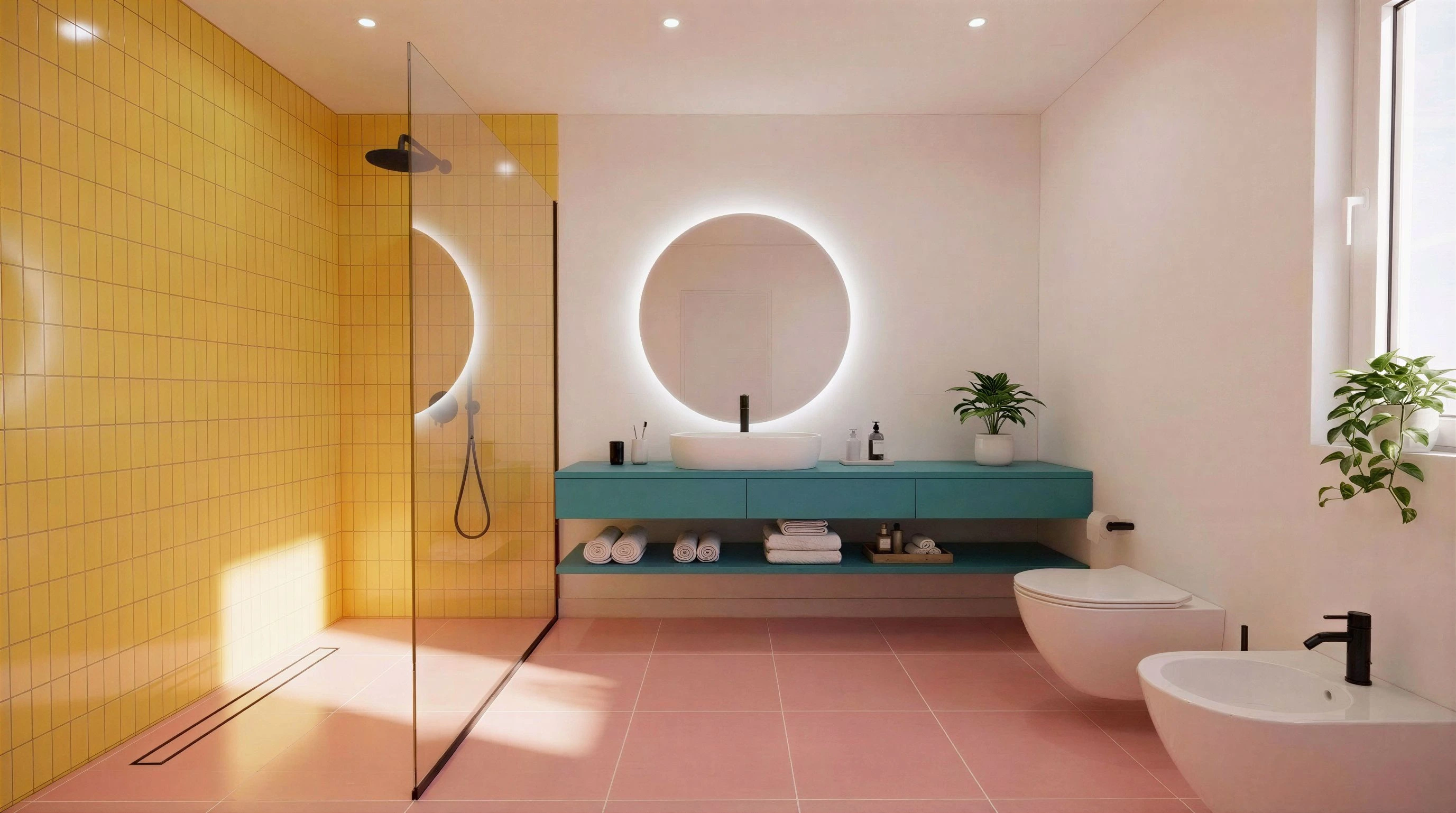 Designer bathroom with yellow tiles and round mirror at The Flamingo Apartments