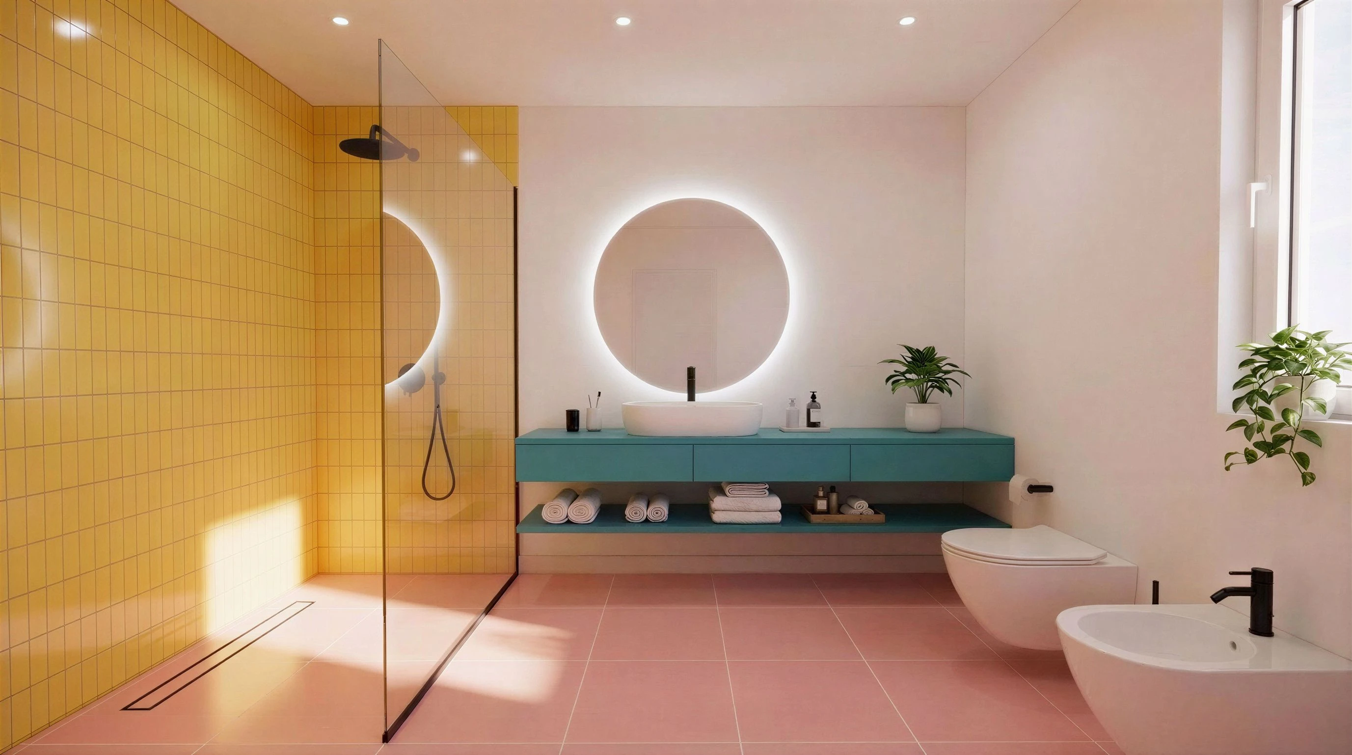Designer bathroom with yellow tiles, round lit mirror and teal vanity at The Flamingo Apartments