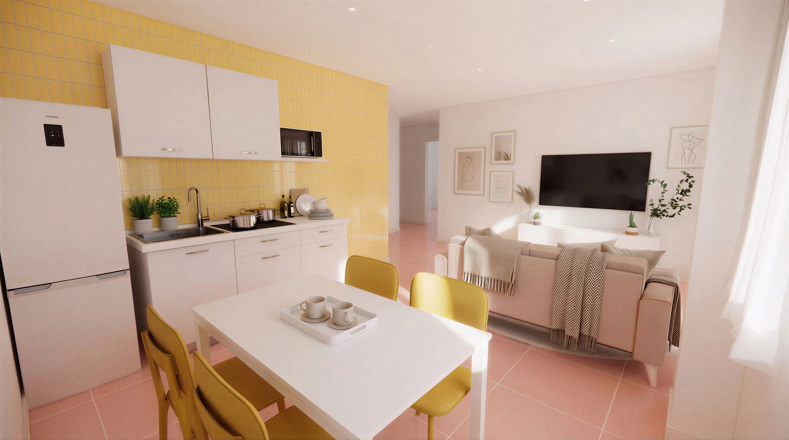 Open-plan kitchen, dining and living area with yellow tile accents in a 3-bedroom Flamingo apartment, Paceville