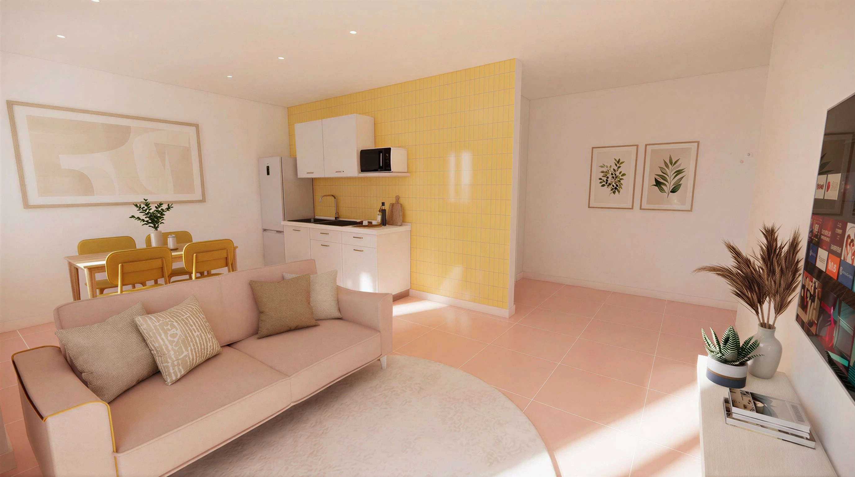 Open-plan kitchen, dining and living area with yellow tile accents at Flamingo Apartments Paceville