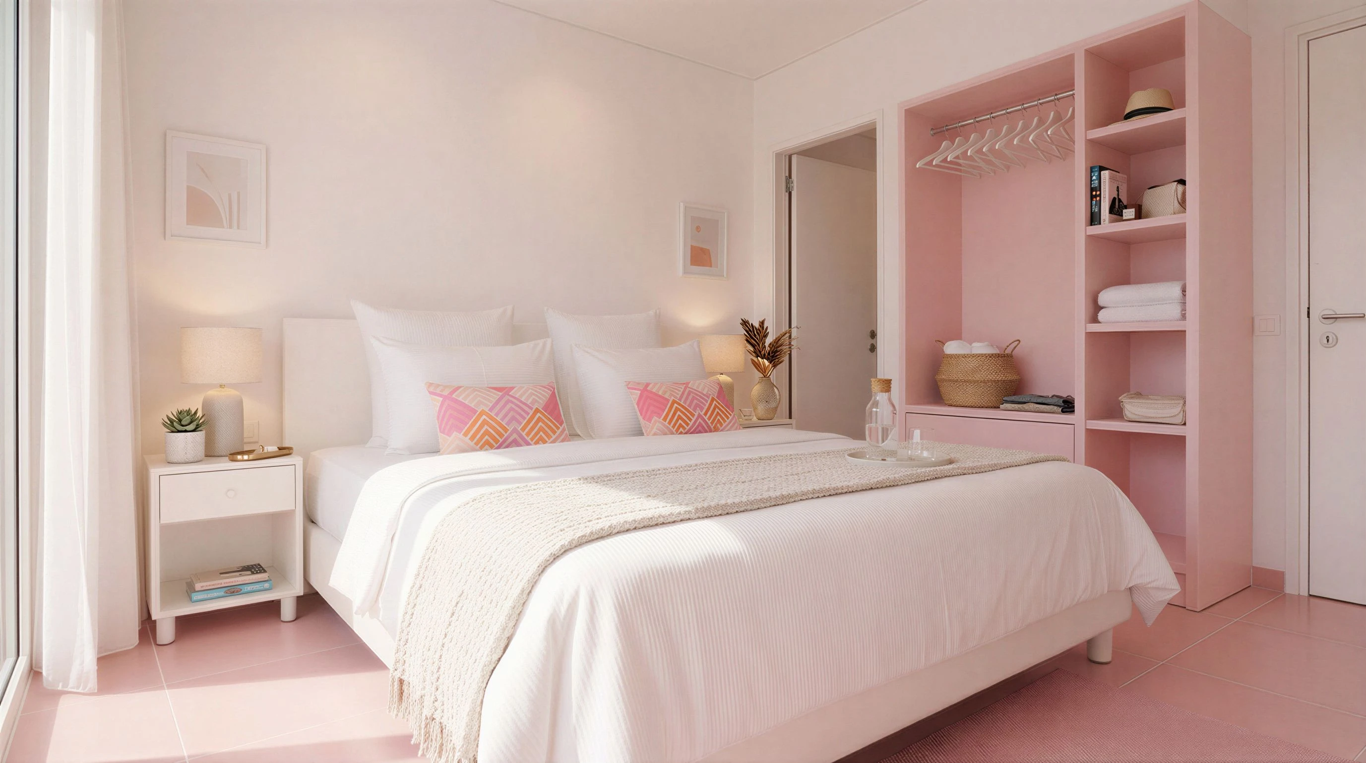 Master bedroom with pink accents at The Flamingo Apartments Paceville