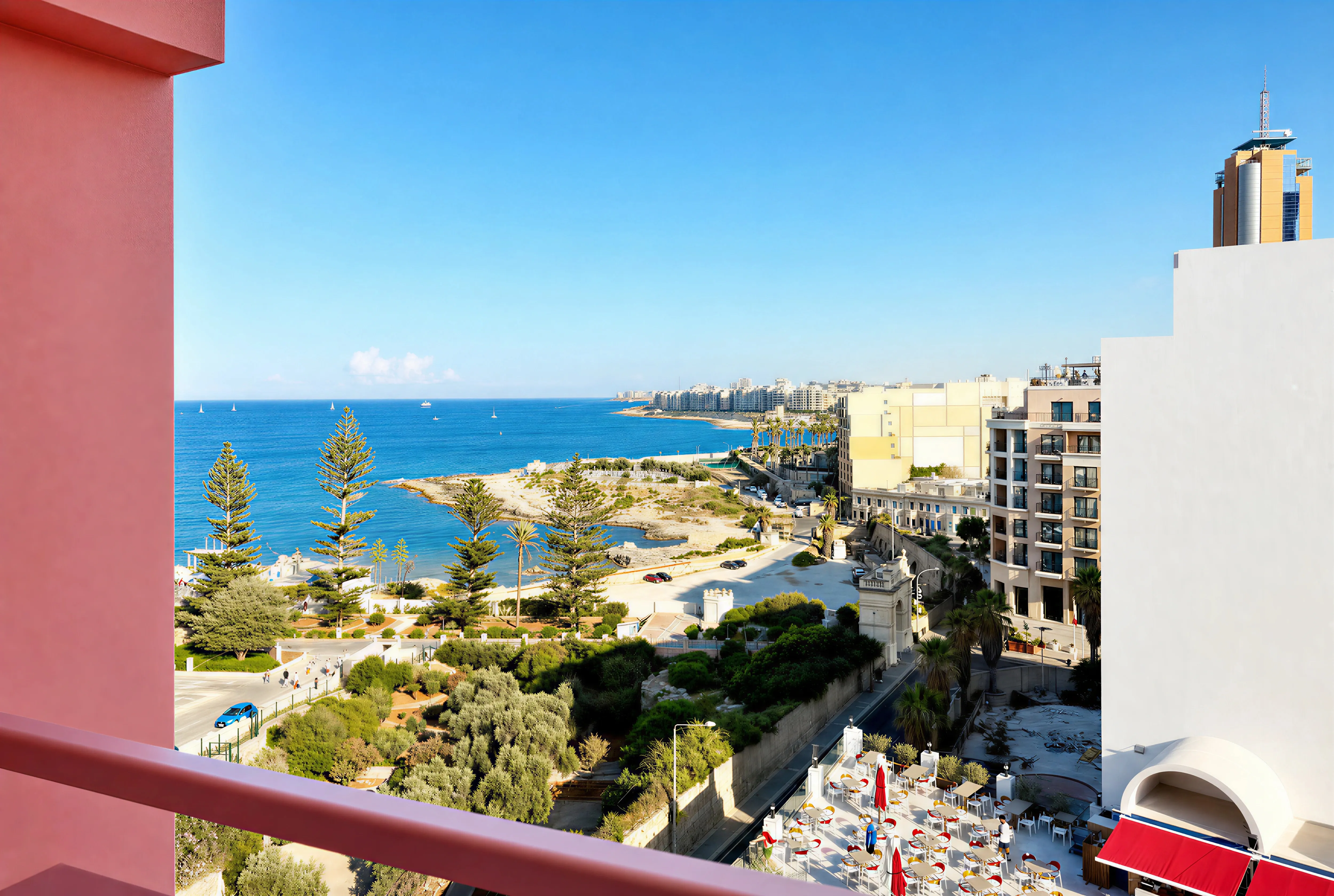 View from a pink balcony over the bay and coastline towards Sliema