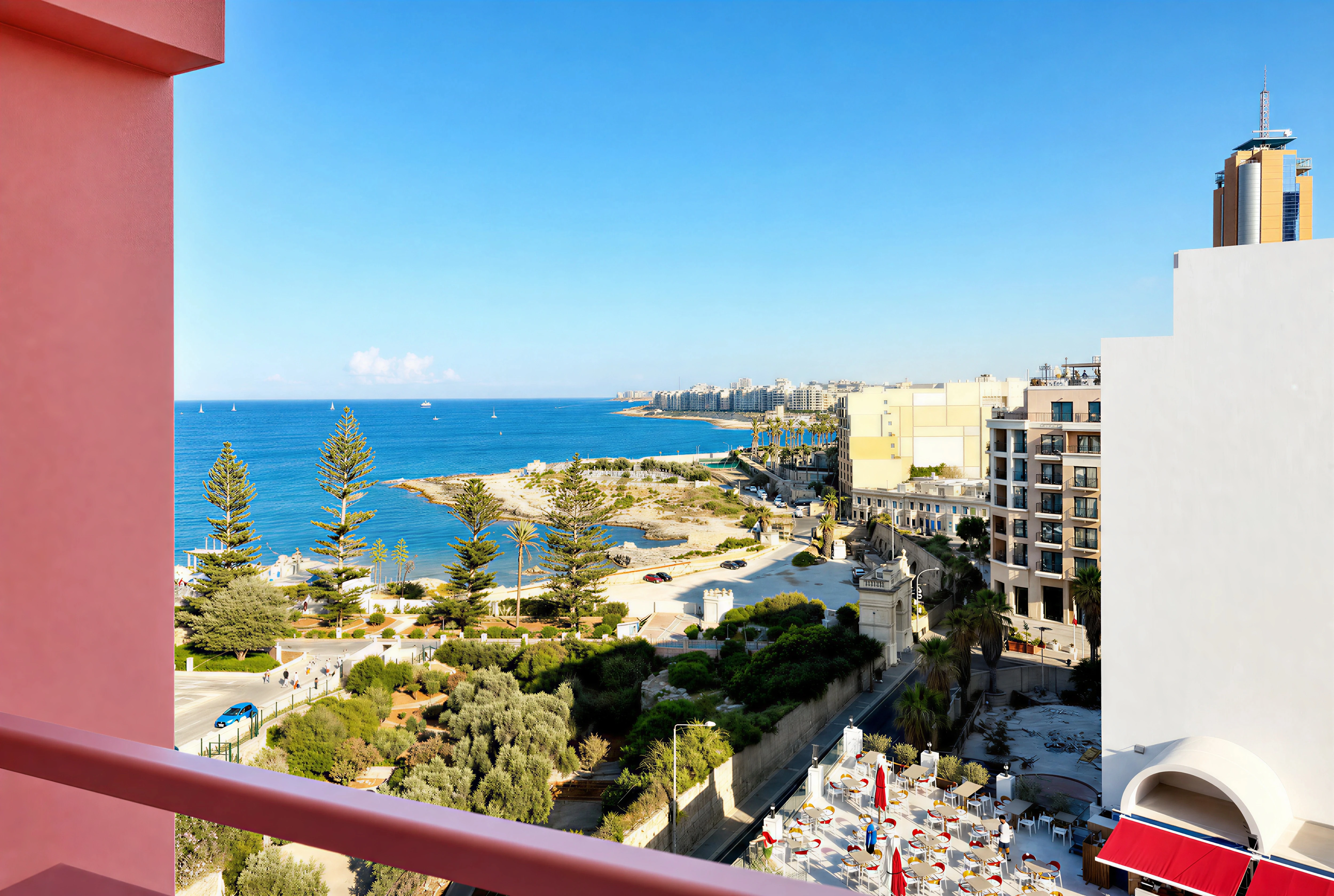 Private pink balcony overlooking the Sliema coast from a Flamingo apartment