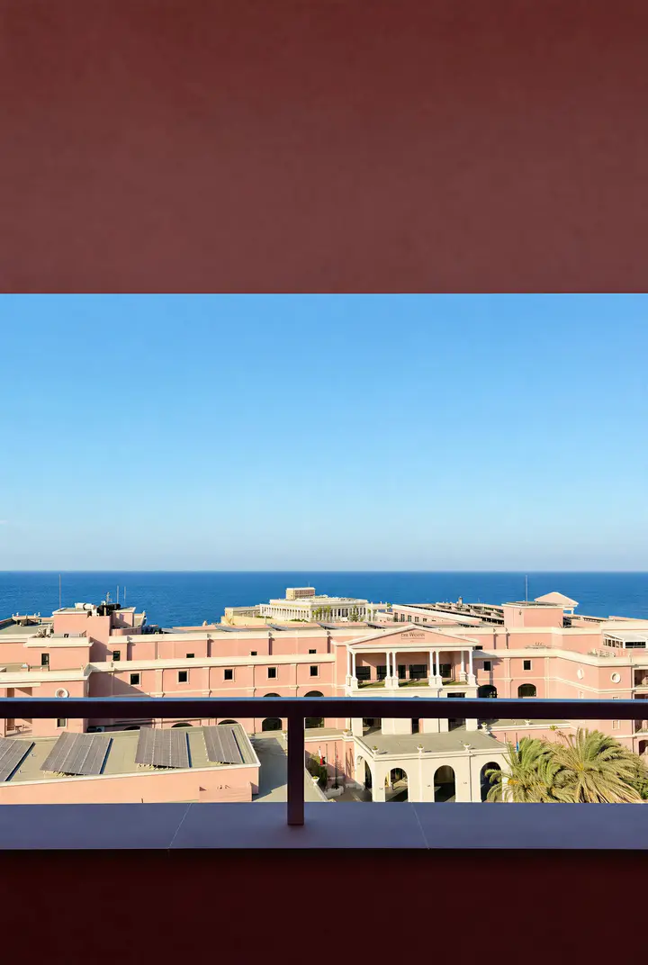 View from a balcony over pink low-rise buildings to the open sea