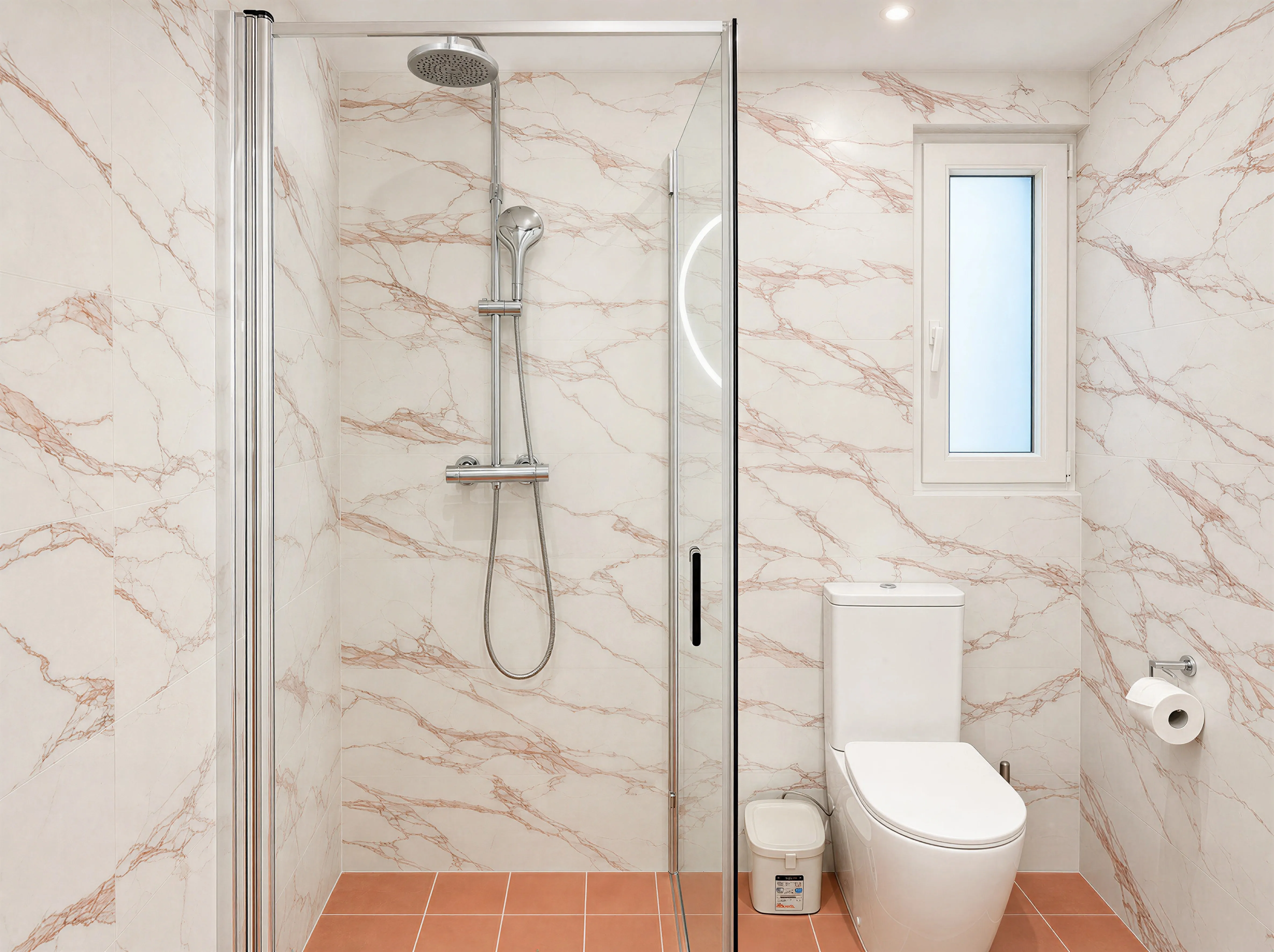 Walk-in glass shower with rain showerhead and pink-veined marble tiles