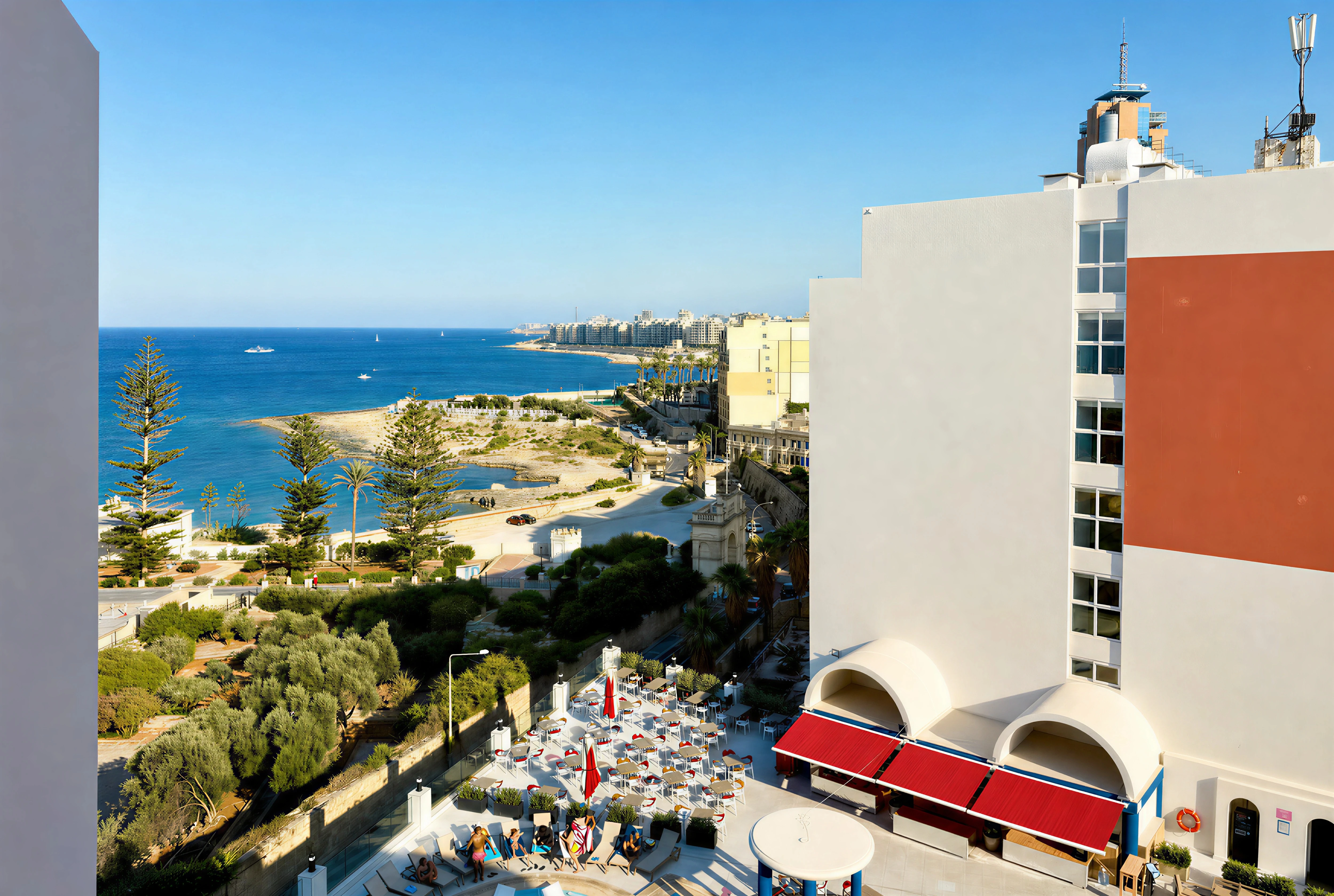 Vegas Resort pool terrace overlooking Sliema — the pool complex The Flamingo Apartments share, Paceville Malta